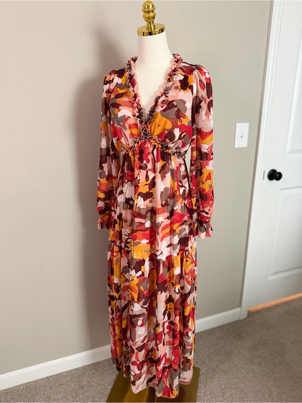 Abstract Floral Maxi Dress Long Sleeve Ruffle V-Neck Tiered Boho Autumn Print